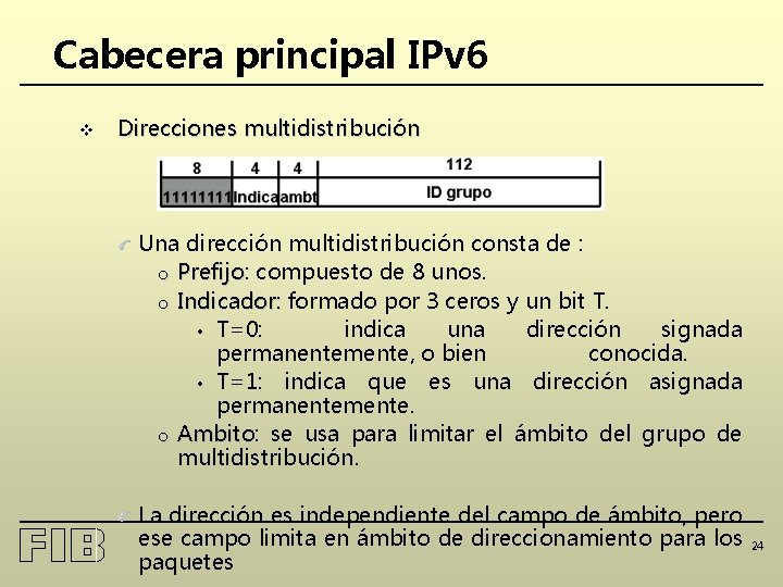 Cabecera principal IPv 6 v Direcciones multidistribución Una dirección multidistribución consta de : o