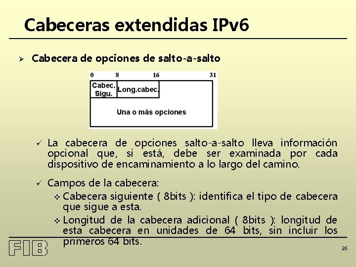 Cabeceras extendidas IPv 6 Ø Cabecera de opciones de salto-a-salto ü La cabecera de