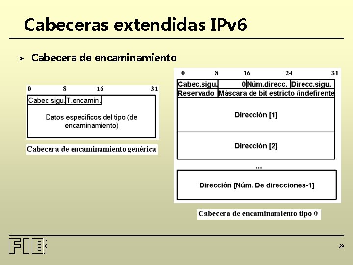 Cabeceras extendidas IPv 6 Ø Cabecera de encaminamiento 29 