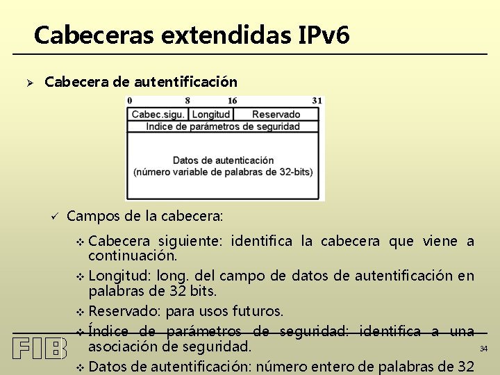 Cabeceras extendidas IPv 6 Ø Cabecera de autentificación ü Campos de la cabecera: v