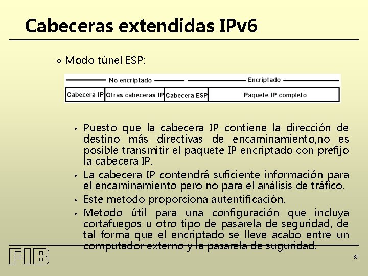 Cabeceras extendidas IPv 6 v Modo • • túnel ESP: Puesto que la cabecera