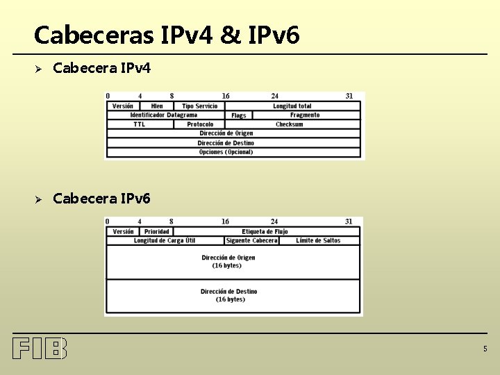 Cabeceras IPv 4 & IPv 6 Ø Cabecera IPv 4 Ø Cabecera IPv 6