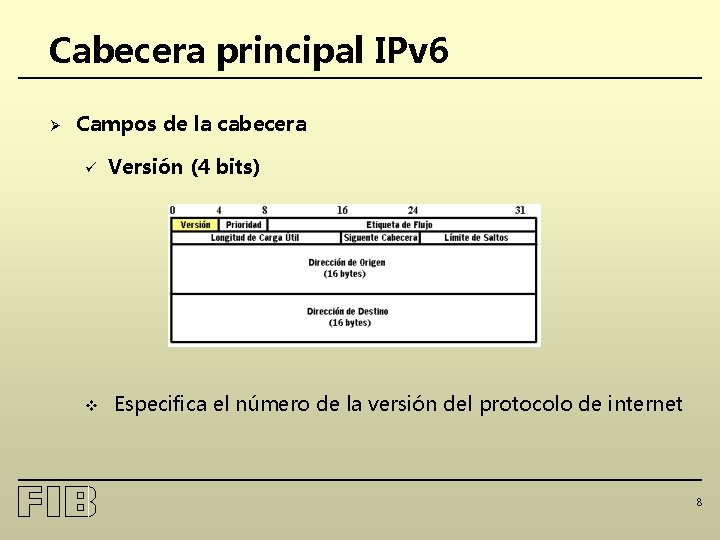 Cabecera principal IPv 6 Ø Campos de la cabecera ü v Versión (4 bits)