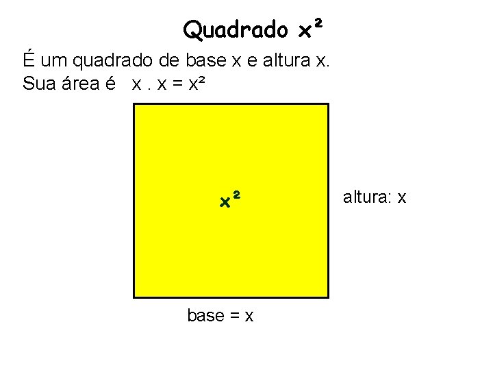 Quadrado x² É um quadrado de base x e altura x. Sua área é
