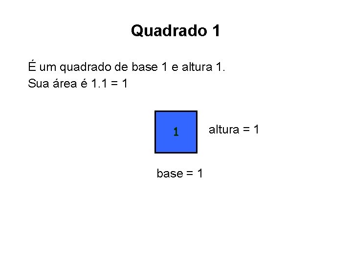 Quadrado 1 É um quadrado de base 1 e altura 1. Sua área é