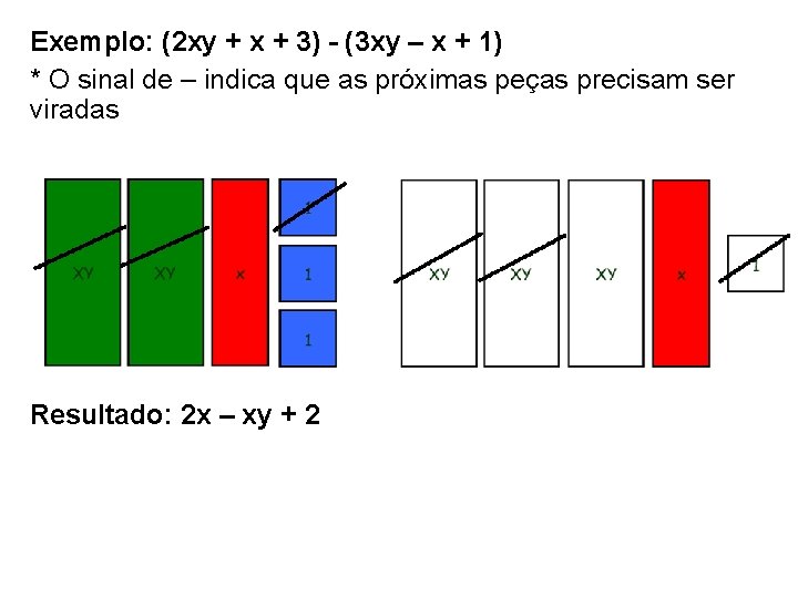 Exemplo: (2 xy + x + 3) - (3 xy – x + 1)