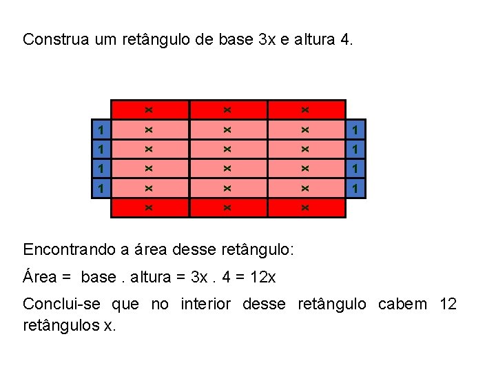 Construa um retângulo de base 3 x e altura 4. x x x 1