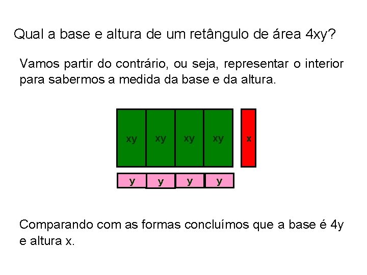 Qual a base e altura de um retângulo de área 4 xy? Vamos partir