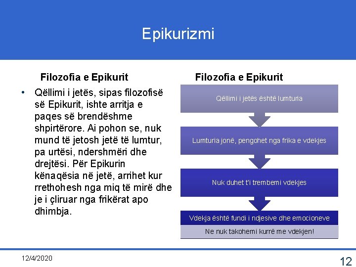 Epikurizmi Filozofia e Epikurit • Qëllimi i jetës, sipas filozofisë së Epikurit, ishte arritja