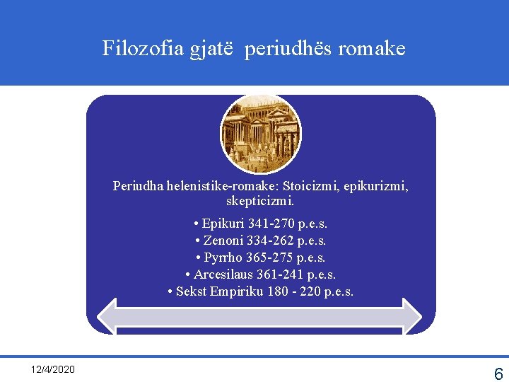 Filozofia gjatë periudhës romake Periudha helenistike-romake: Stoicizmi, epikurizmi, skepticizmi. • Epikuri 341 -270 p.