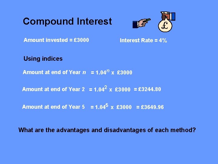 Compound Interest Amount invested = £ 3000 Interest Rate = 4% Using indices Amount