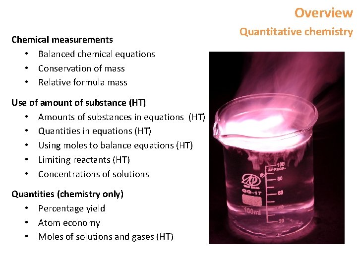 Overview Chemical measurements • Balanced chemical equations • Conservation of mass • Relative formula