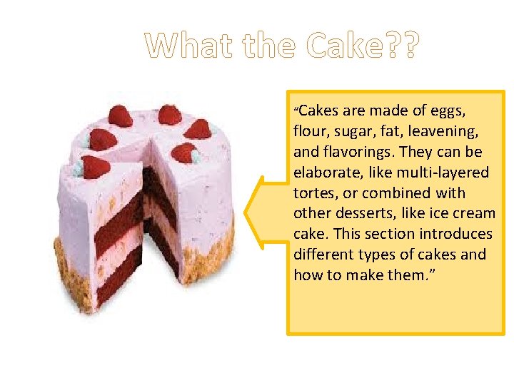 What the Cake? ? “Cakes are made of eggs, flour, sugar, fat, leavening, and