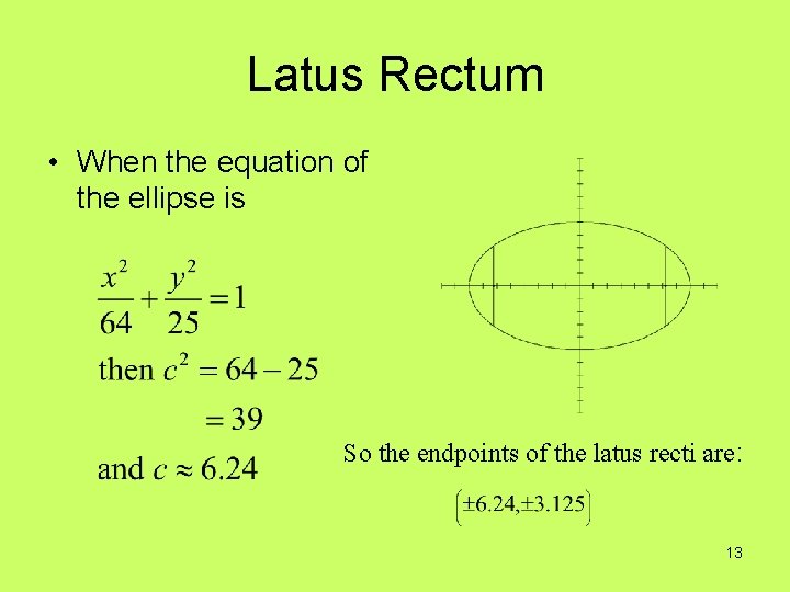 Latus Rectum • When the equation of the ellipse is So the endpoints of