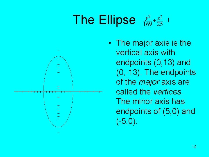 The Ellipse • The major axis is the vertical axis with endpoints (0, 13)