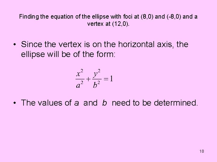 Finding the equation of the ellipse with foci at (8, 0) and (-8, 0)