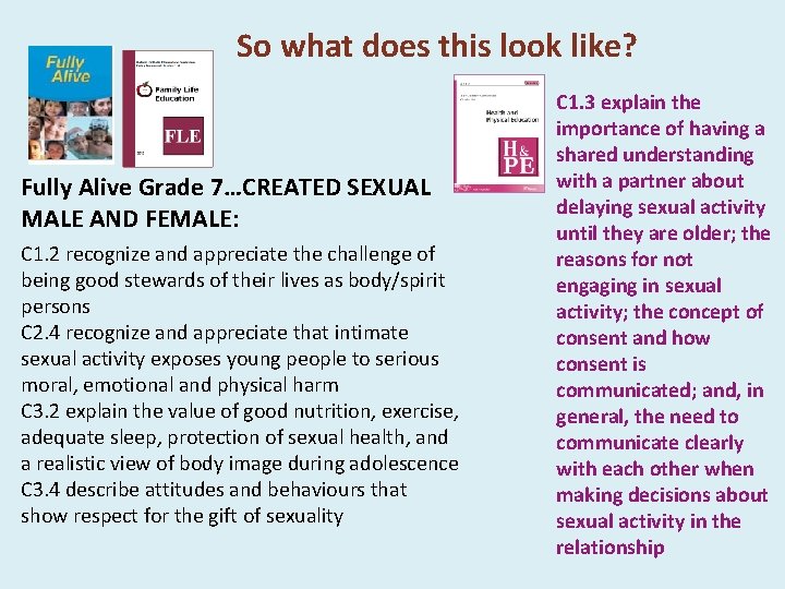 So what does this look like? Fully Alive Grade 7…CREATED SEXUAL MALE AND FEMALE: