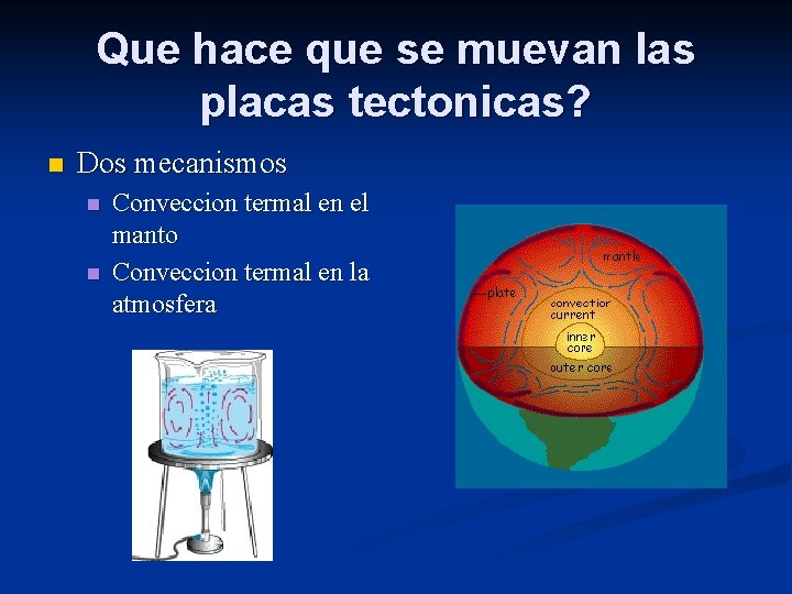 Que hace que se muevan las placas tectonicas? n Dos mecanismos n n Conveccion