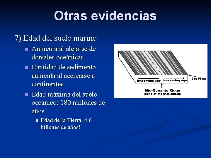 Otras evidencias 7) Edad del suelo marino n n n Aumenta al alejarse de