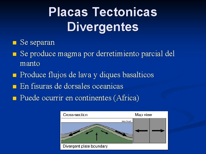 Placas Tectonicas Divergentes n n n Se separan Se produce magma por derretimiento parcial