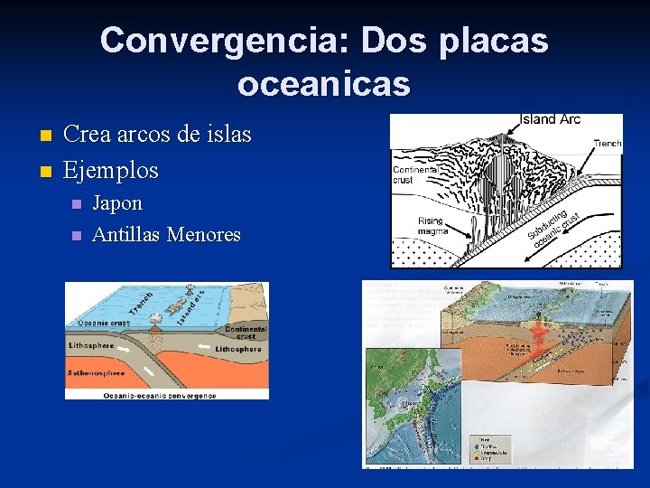Convergencia: Dos placas oceanicas n n Crea arcos de islas Ejemplos n n Japon