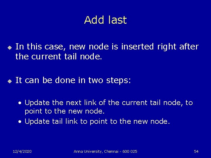 Add last u u In this case, new node is inserted right after the