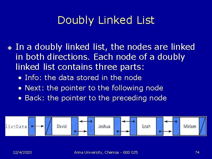 Doubly Linked List u In a doubly linked list, the nodes are linked in