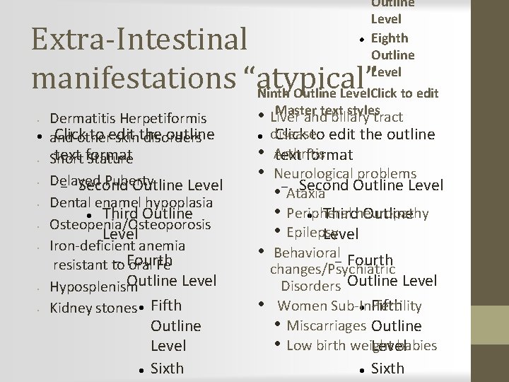 Outline Level Eighth Outline Level Extra-Intestinal manifestations “atypical” Ninth Outline Level. Click to edit