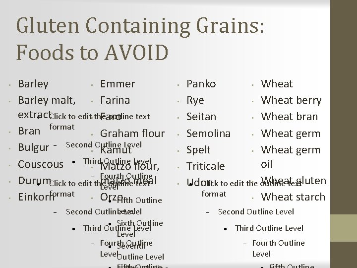 Gluten Containing Grains: Foods to AVOID • • Barley • Emmer Barley malt, •