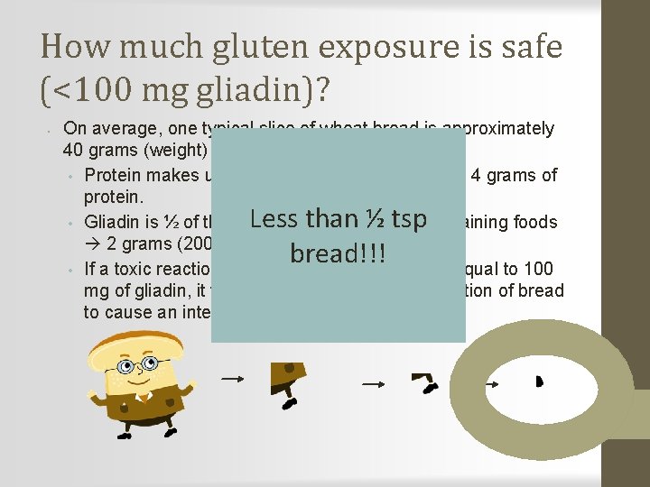 How much gluten exposure is safe (<100 mg gliadin)? • On average, one typical