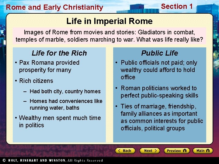 Section 1 Rome and Early Christianity Life in Imperial Rome Images of Rome from