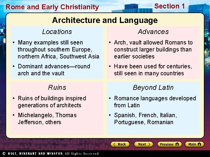 Rome and Early Christianity Section 1 Architecture and Language Locations Advances • Many examples