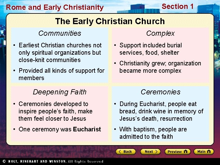 Rome and Early Christianity Section 1 The Early Christian Church Communities • Earliest Christian