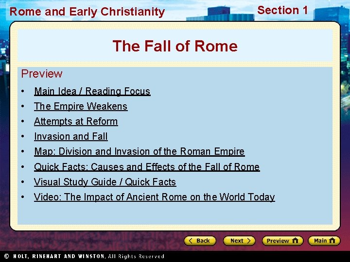 Rome and Early Christianity Section 1 The Fall of Rome Preview • Main Idea