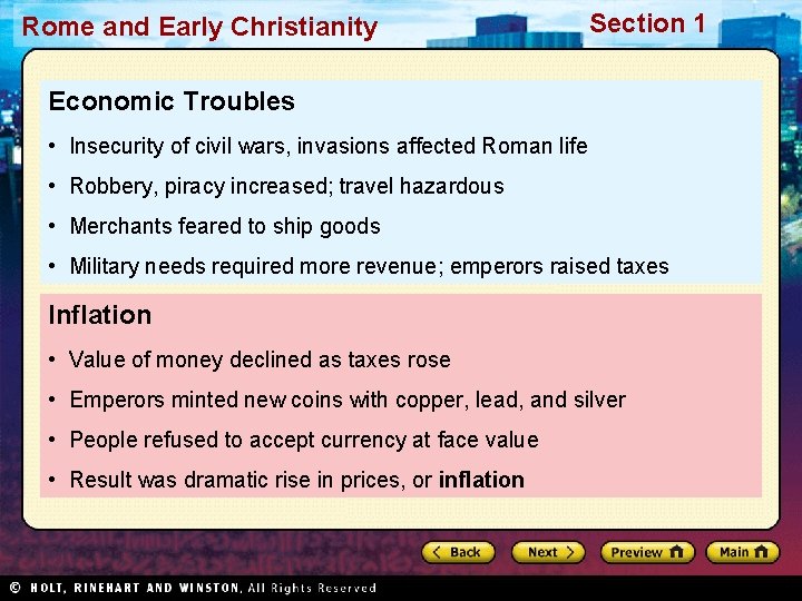 Rome and Early Christianity Section 1 Economic Troubles • Insecurity of civil wars, invasions