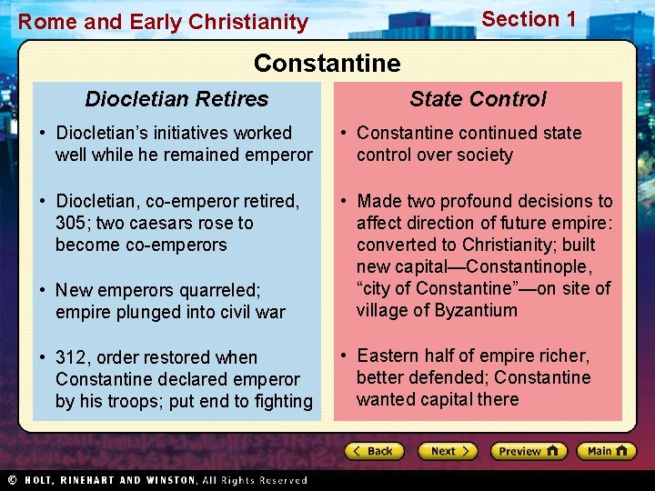 Section 1 Rome and Early Christianity Constantine Diocletian Retires State Control • Diocletian’s initiatives