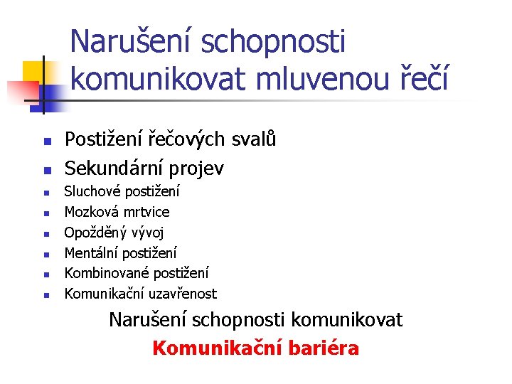 Narušení schopnosti komunikovat mluvenou řečí n n n n Postižení řečových svalů Sekundární projev