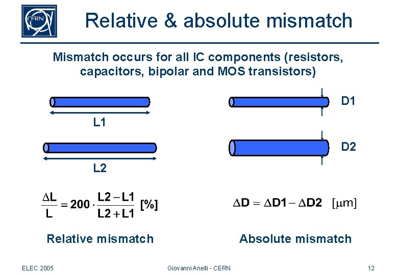 Relative & absolute mismatch Mismatch occurs for all IC components (resistors, capacitors, bipolar and