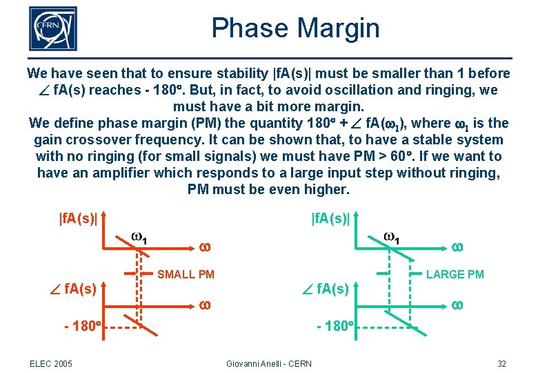 Phase Margin We have seen that to ensure stability |f. A(s)| must be smaller