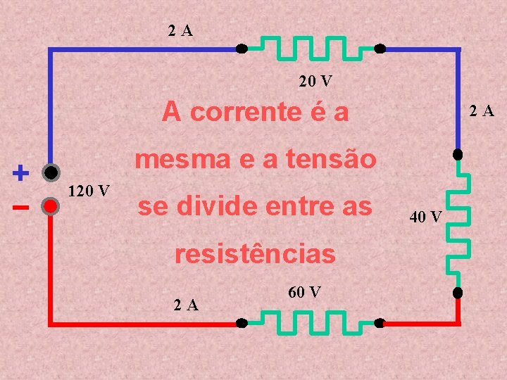 2 A 20 V A corrente é a 2 A mesma e a tensão