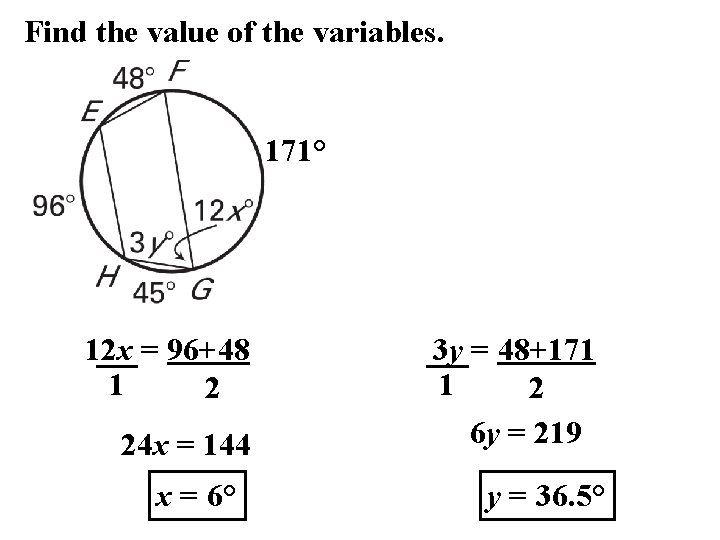 Find the value of the variables. 171° 12 x = 96+48 1 2 24