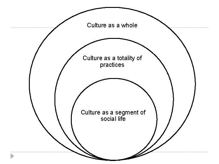 Culture as a whole Culture as a totality of practices Culture as a segment