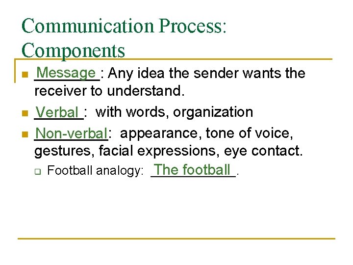 Communication Process: Components n n n Message Any idea the sender wants the ____: