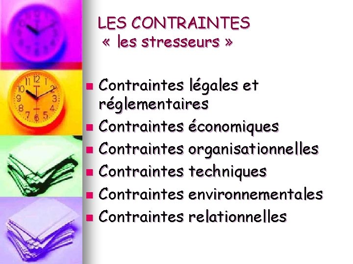 LES CONTRAINTES « les stresseurs » Contraintes légales et réglementaires n Contraintes économiques n