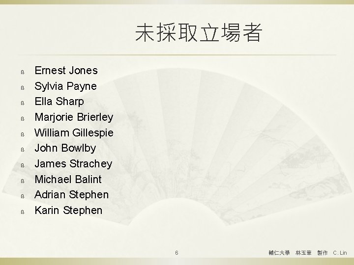 未採取立場者 ß ß ß ß ß Ernest Jones Sylvia Payne Ella Sharp Marjorie Brierley