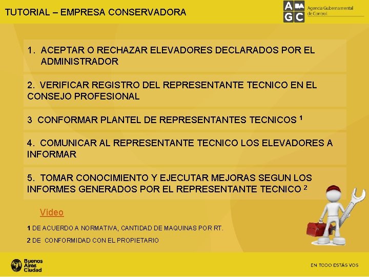 TUTORIAL – EMPRESA CONSERVADORA 1. ACEPTAR O RECHAZAR ELEVADORES DECLARADOS POR EL ADMINISTRADOR 2.