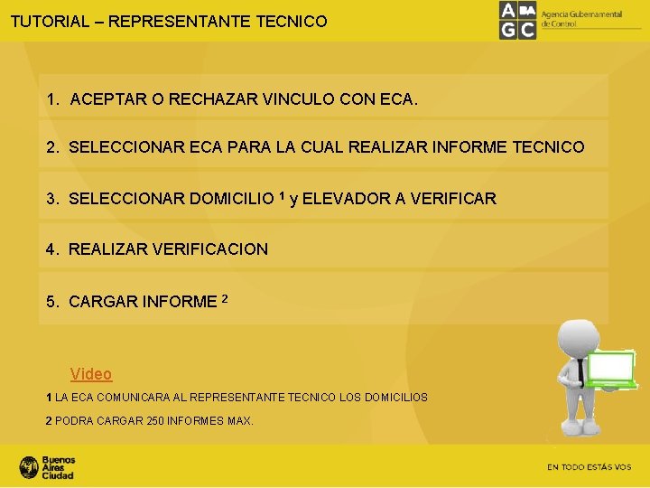 TUTORIAL – REPRESENTANTE TECNICO 1. ACEPTAR O RECHAZAR VINCULO CON ECA. 2. SELECCIONAR ECA