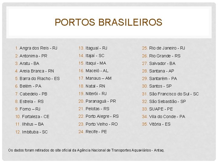 PORTOS BRASILEIROS 1. Angra dos Reis - RJ 13. Itaguaí - RJ 25. Rio