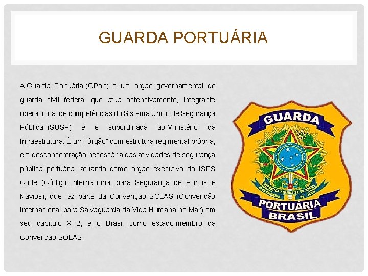 GUARDA PORTUÁRIA A Guarda Portuária (GPort) é um órgão governamental de guarda civil federal