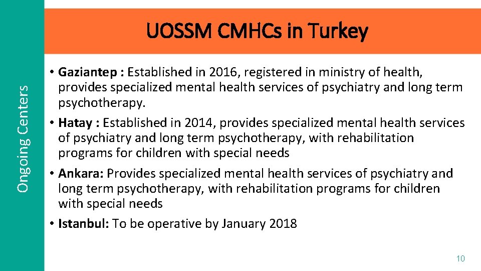 Ongoing Centers UOSSM CMHCs in Turkey • Gaziantep : Established in 2016, registered in